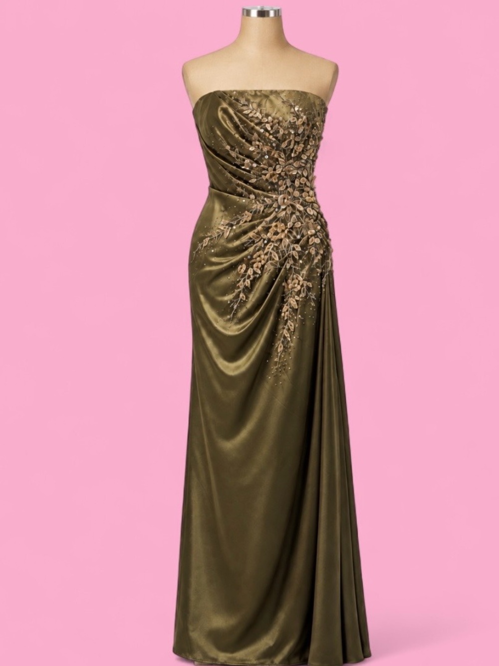 Stephen Yearick Embellished Olive Green Silk Gown - Size 6